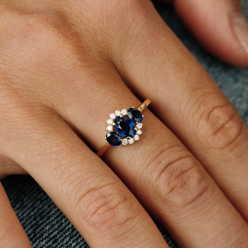 14k Three Stone Sapphire Cluster Ring - GeumJewels