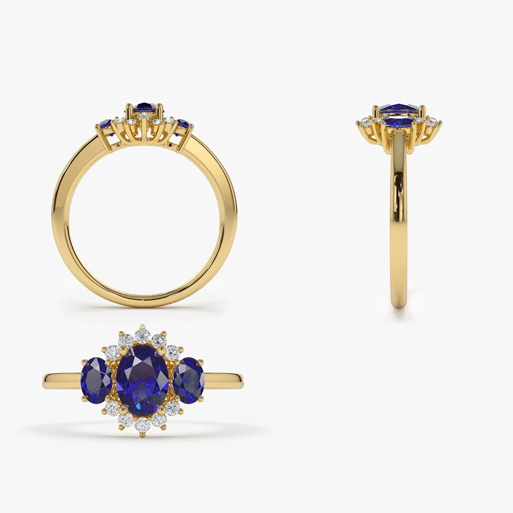 14k Three Stone Sapphire Cluster Ring - GeumJewels