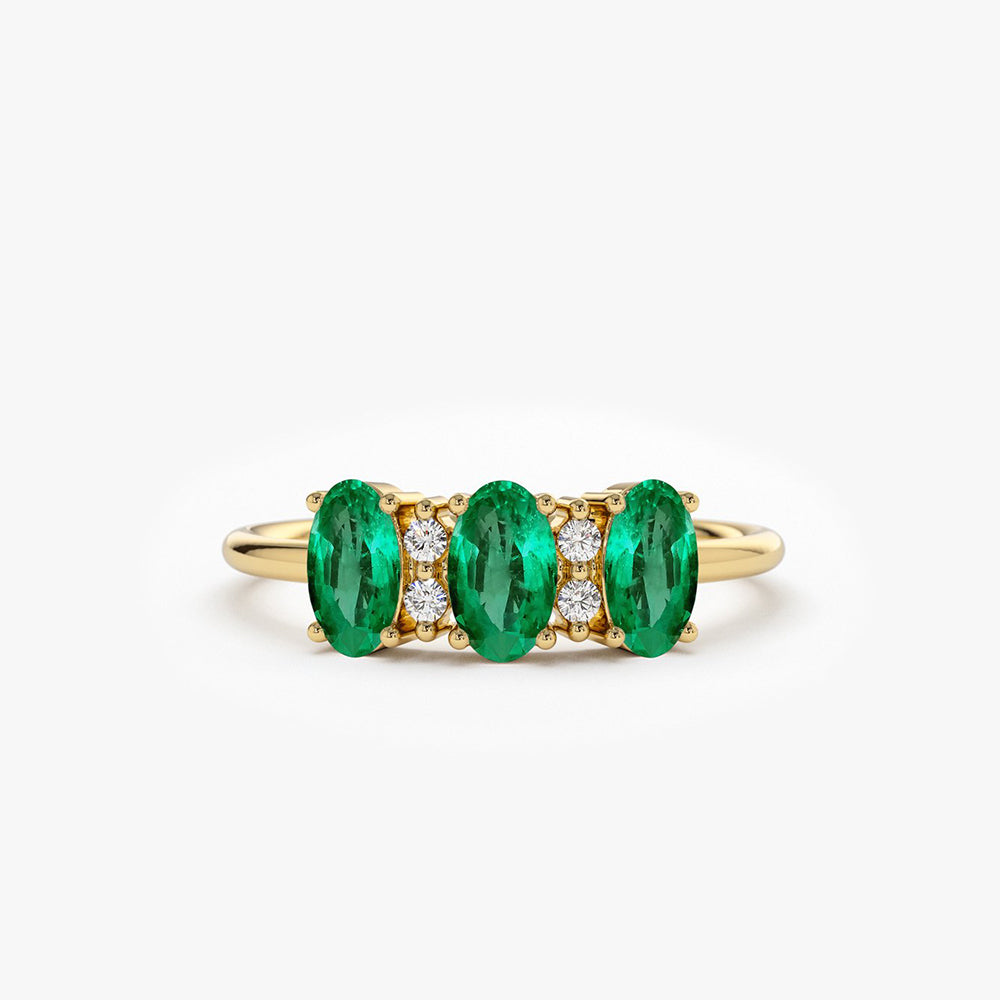 14k Triple Oval Emerald Diamond Ring - GeumJewels