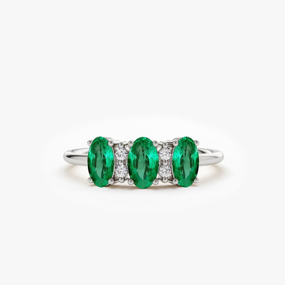 14k Triple Oval Emerald Diamond Ring - GeumJewels