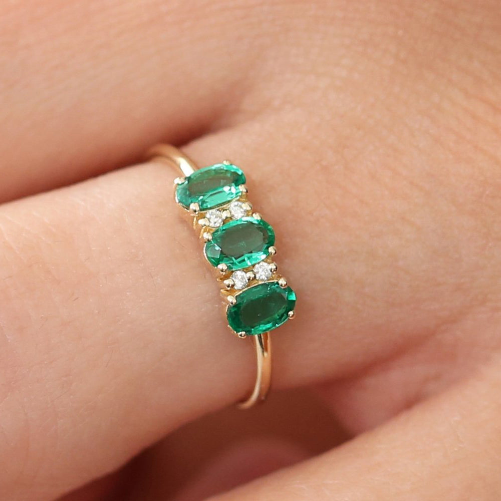 14k Triple Oval Emerald Diamond Ring - GeumJewels