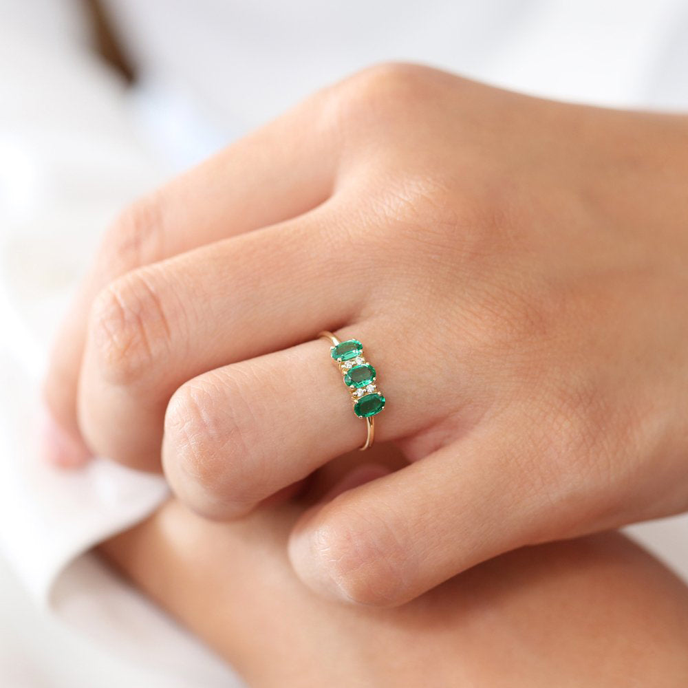 14k Triple Oval Emerald Diamond Ring - GeumJewels