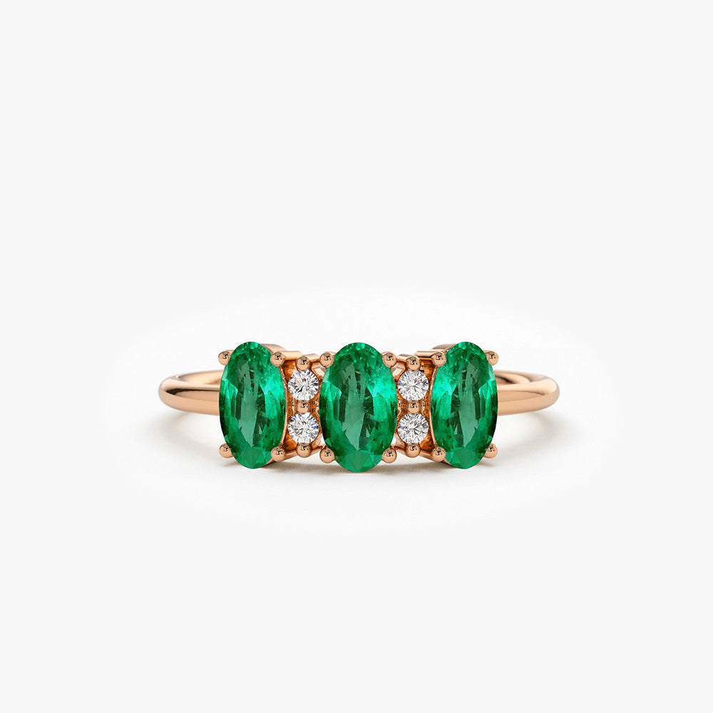 14k Triple Oval Emerald Diamond Ring - GeumJewels
