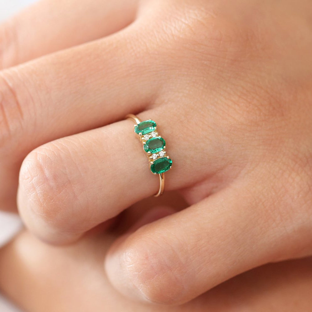 14k Triple Oval Emerald Diamond Ring - GeumJewels