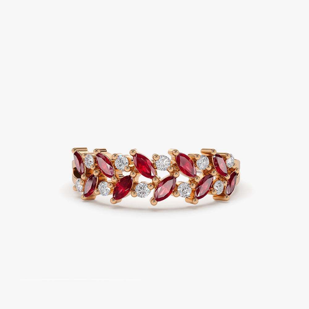 14k Two Rows Marquise Cut Natural Ruby  and Diamond Ring - GeumJewels