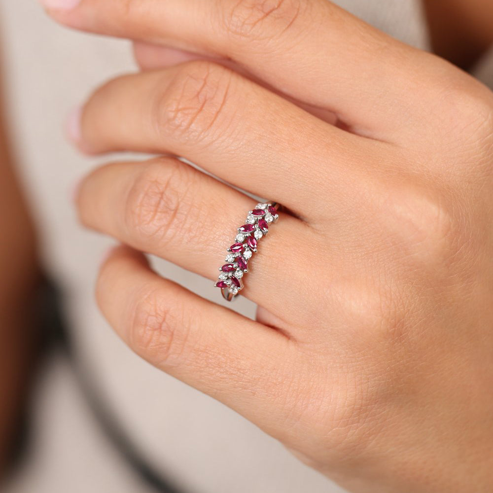 14k Two Rows Marquise Cut Natural Ruby  and Diamond Ring - GeumJewels