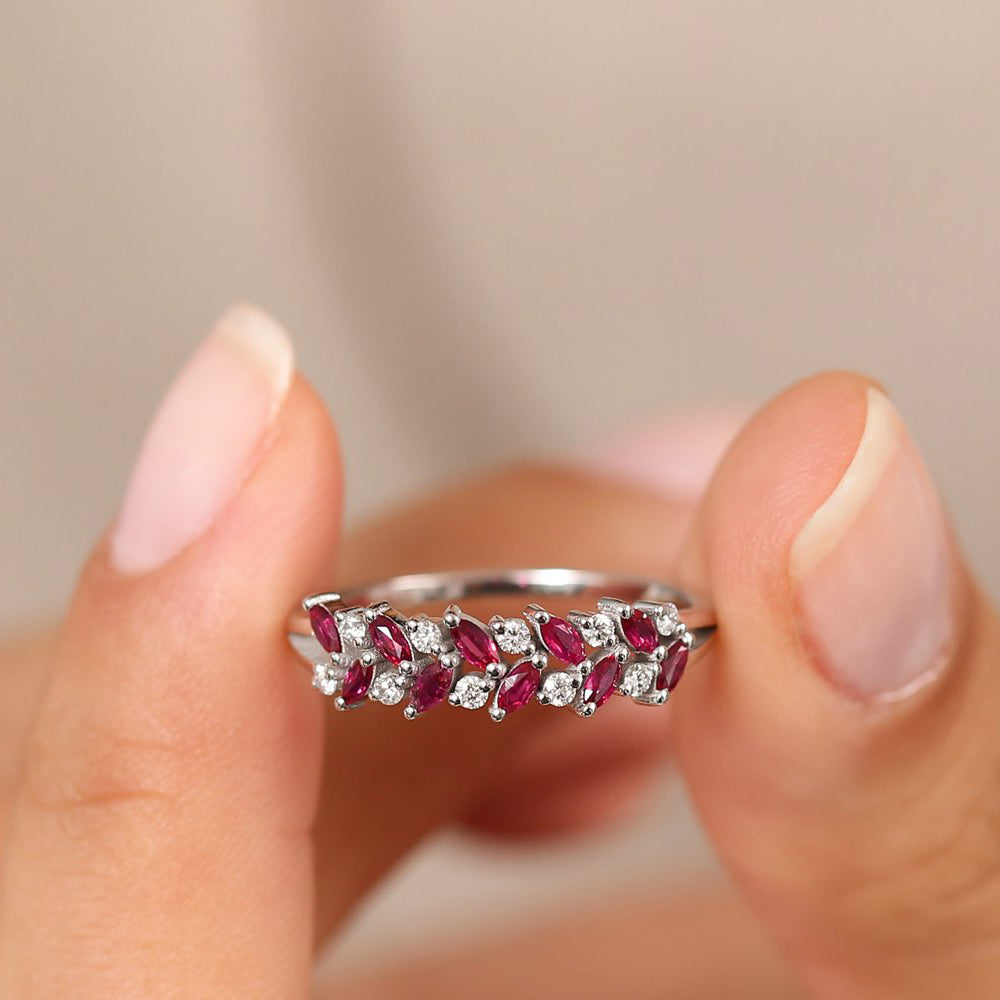 14k Two Rows Marquise Cut Natural Ruby  and Diamond Ring - GeumJewels