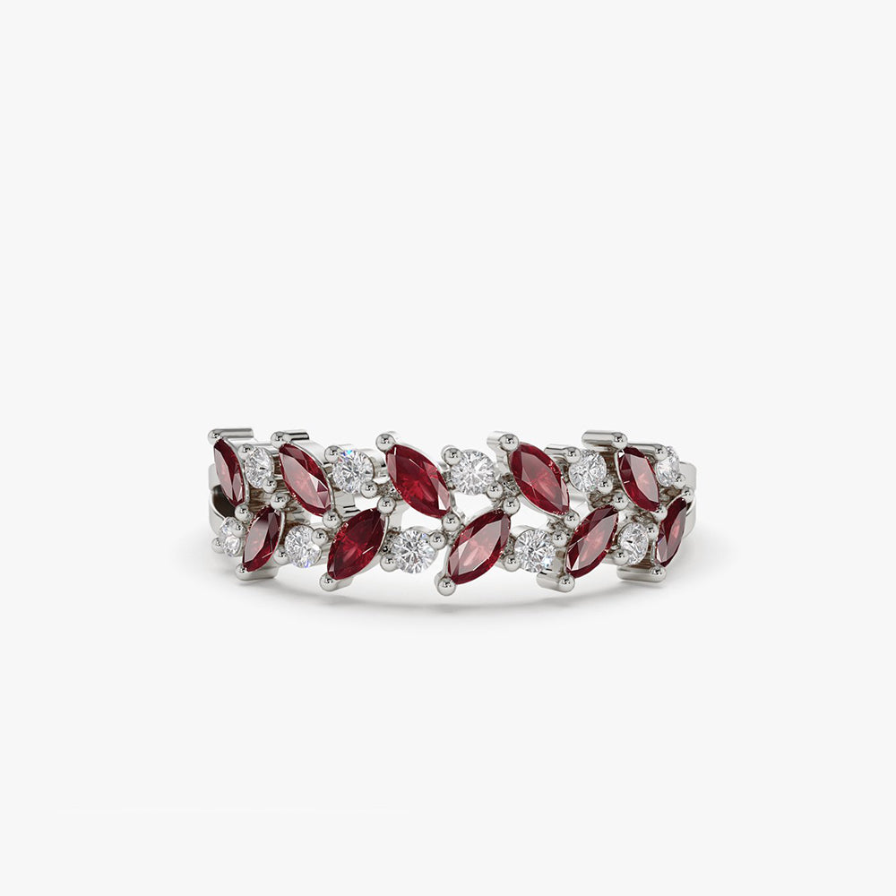 14k Two Rows Marquise Cut Natural Ruby  and Diamond Ring - GeumJewels