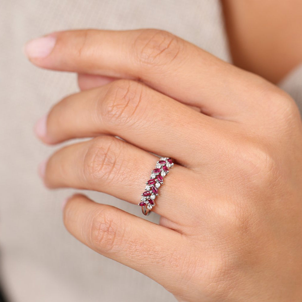 14k Two Rows Marquise Cut Natural Ruby  and Diamond Ring - GeumJewels