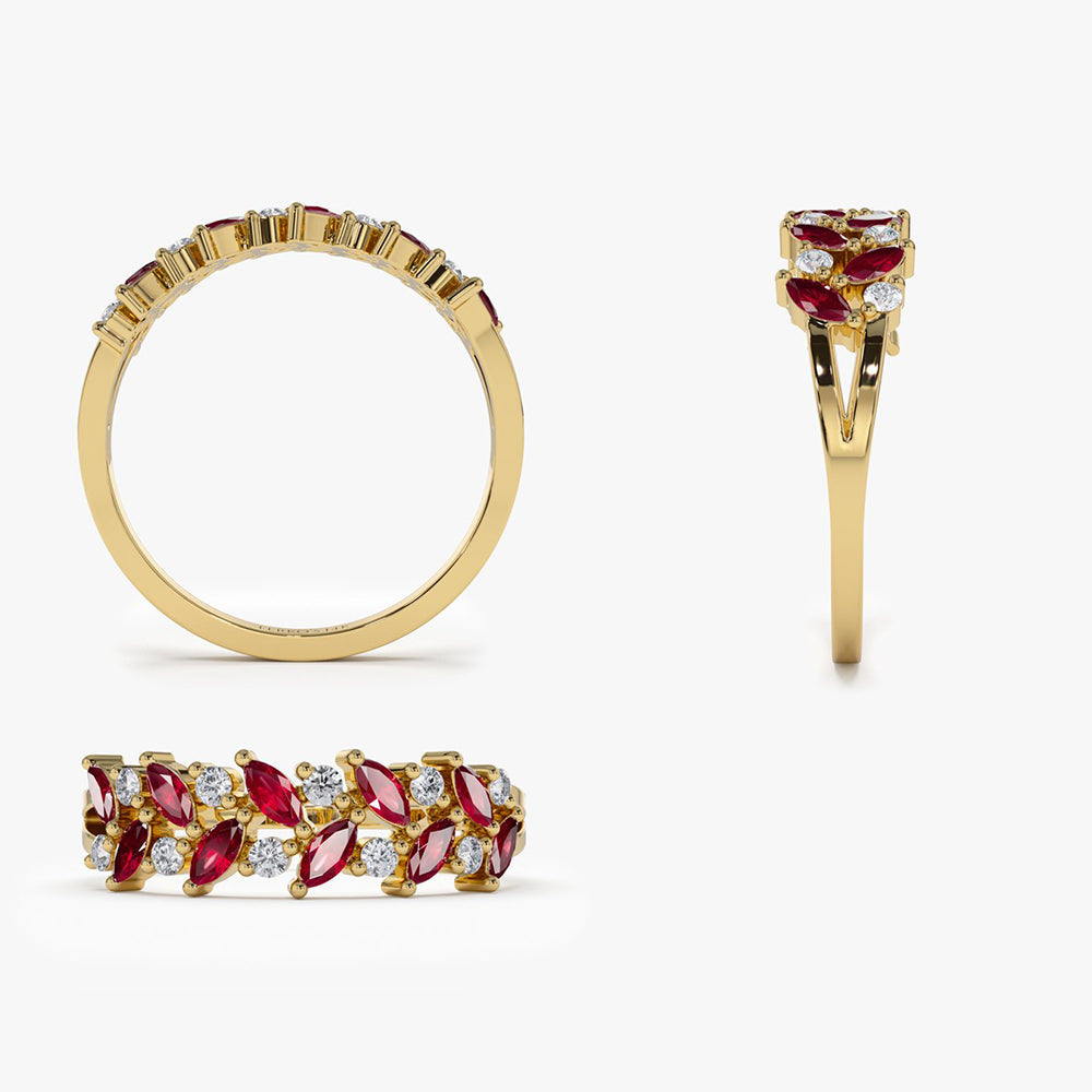 14k Two Rows Marquise Cut Natural Ruby  and Diamond Ring - GeumJewels