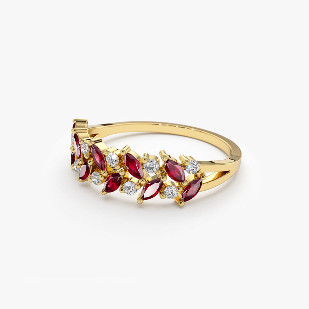 14k Two Rows Marquise Cut Natural Ruby  and Diamond Ring - GeumJewels
