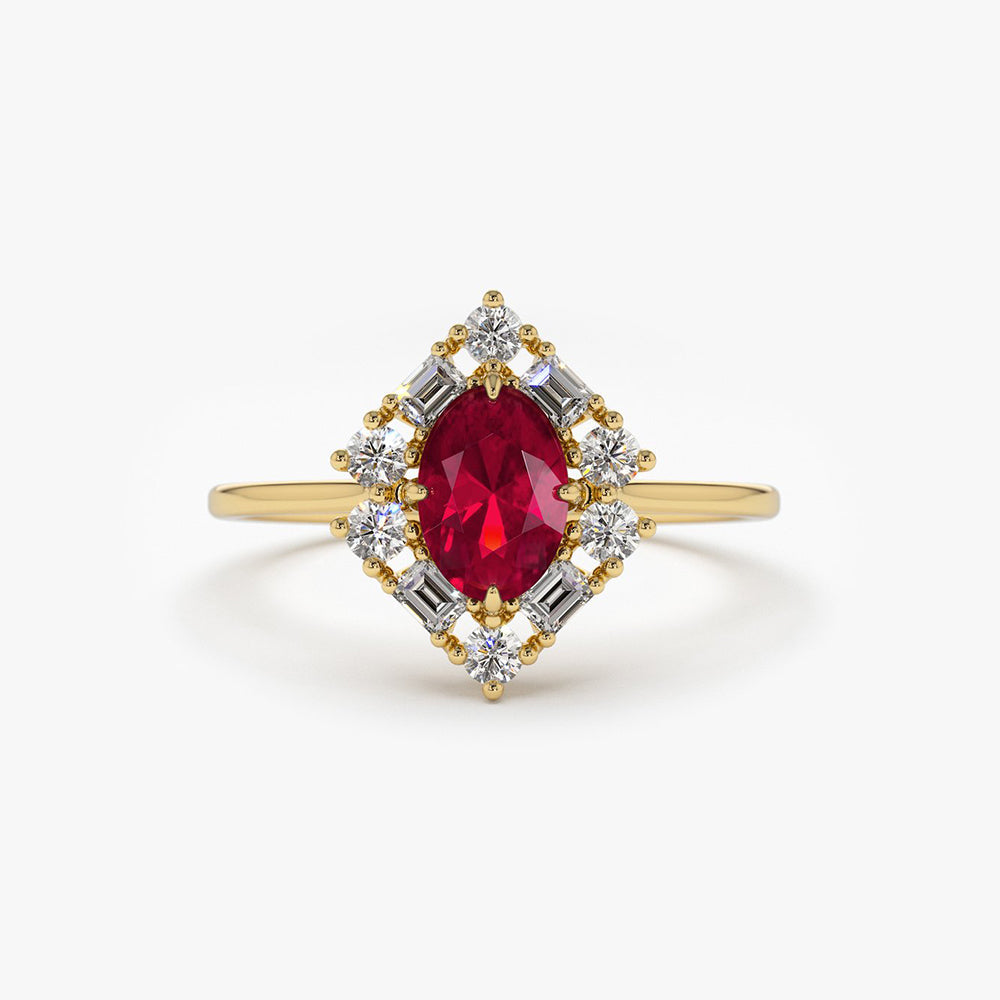 14K Unique Natural Ruby and Baguette Ring - GeumJewels