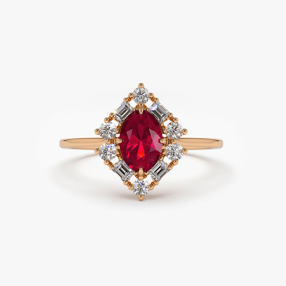 14K Unique Natural Ruby and Baguette Ring - GeumJewels