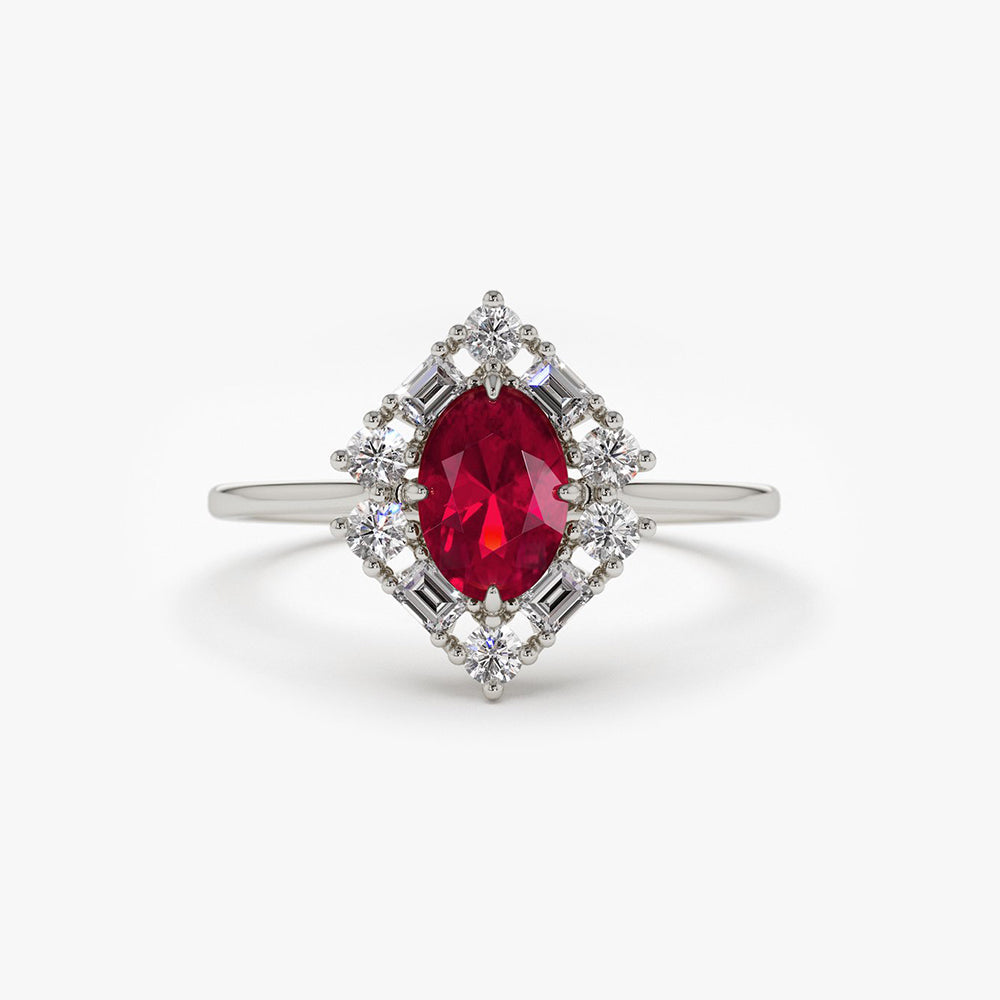 14K Unique Natural Ruby and Baguette Ring - GeumJewels