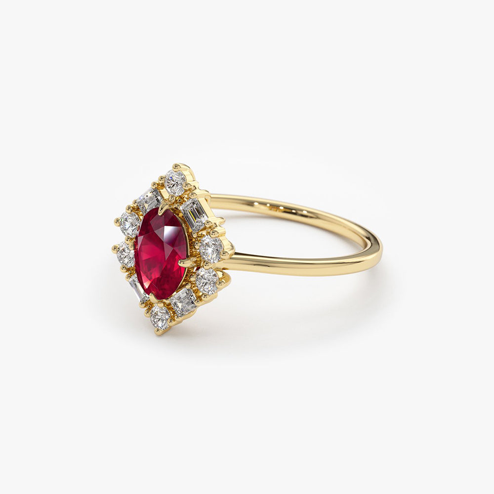 14K Unique Natural Ruby and Baguette Ring - GeumJewels