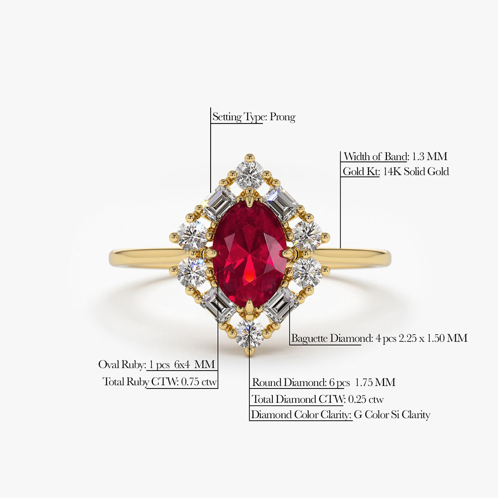 14K Unique Natural Ruby and Baguette Ring - GeumJewels