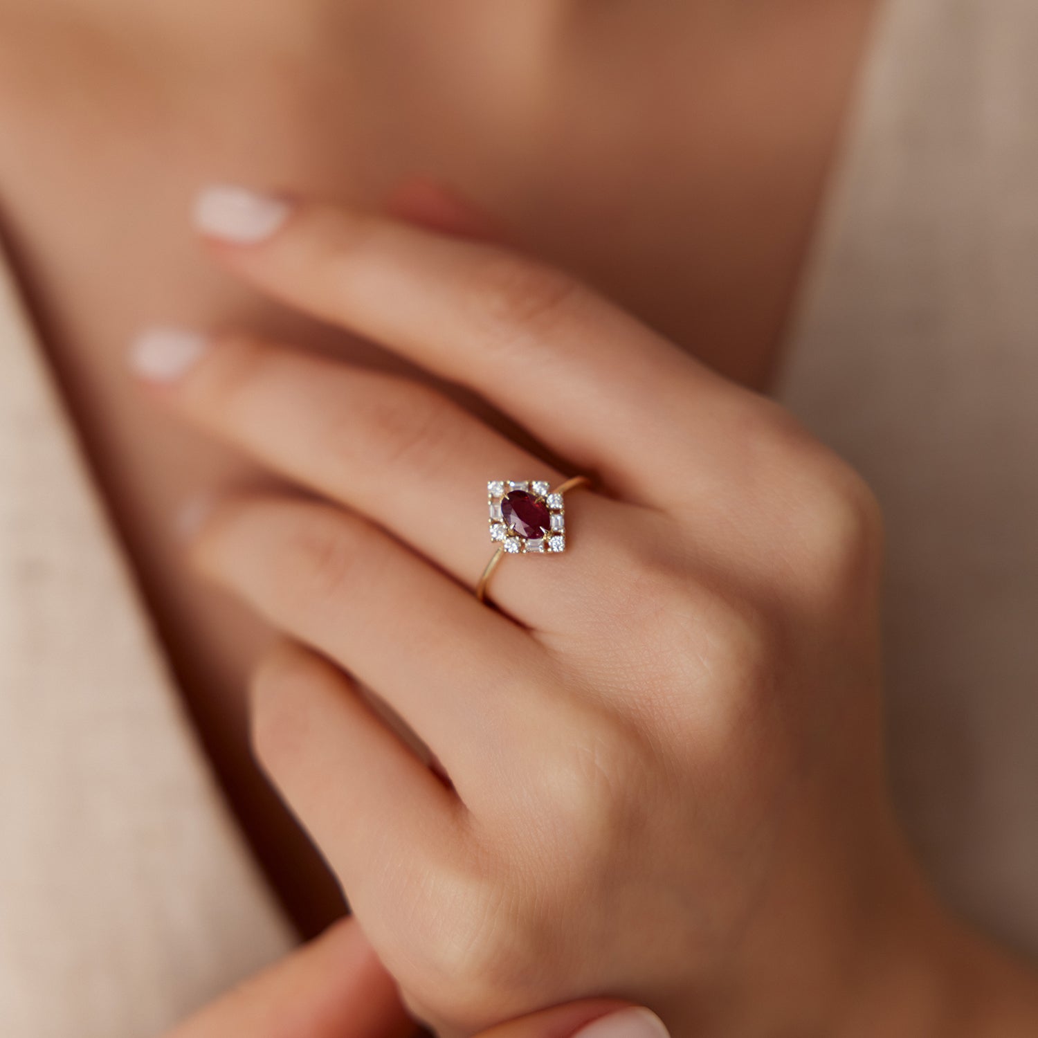 14K Unique Natural Ruby and Baguette Ring - GeumJewels