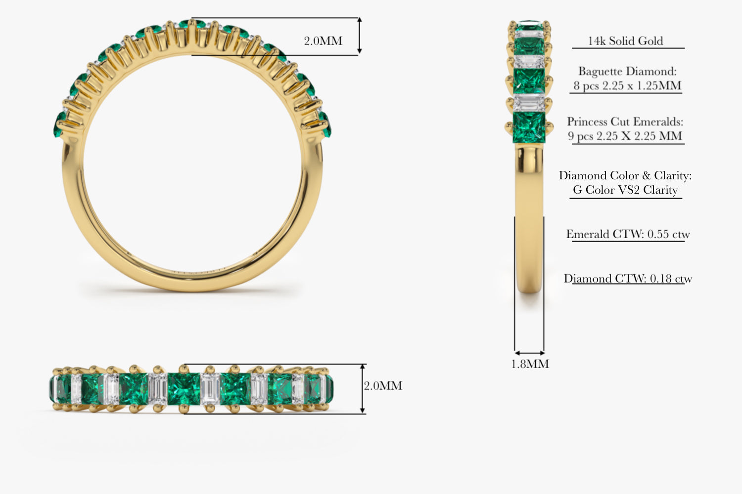 14k Unique Princess Cut Emerald and Baguette Diamond Ring - GeumJewels