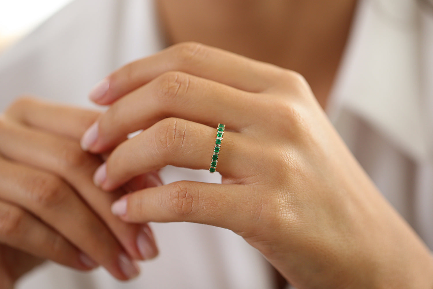 14k Unique Princess Cut Emerald and Baguette Diamond Ring - GeumJewels