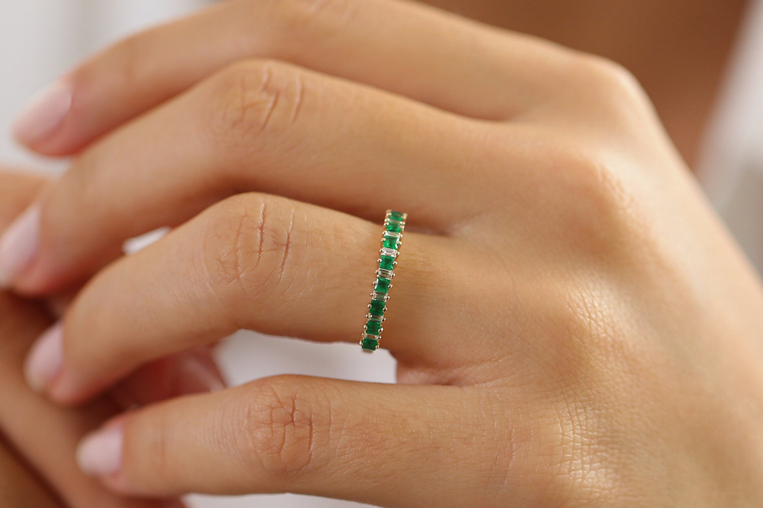 14k Unique Princess Cut Emerald and Baguette Diamond Ring - GeumJewels