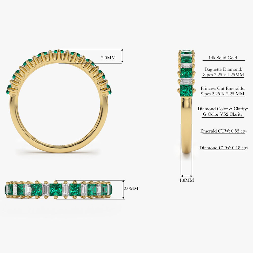14k Unique Princess Cut Emerald and Baguette Diamond Ring - GeumJewels
