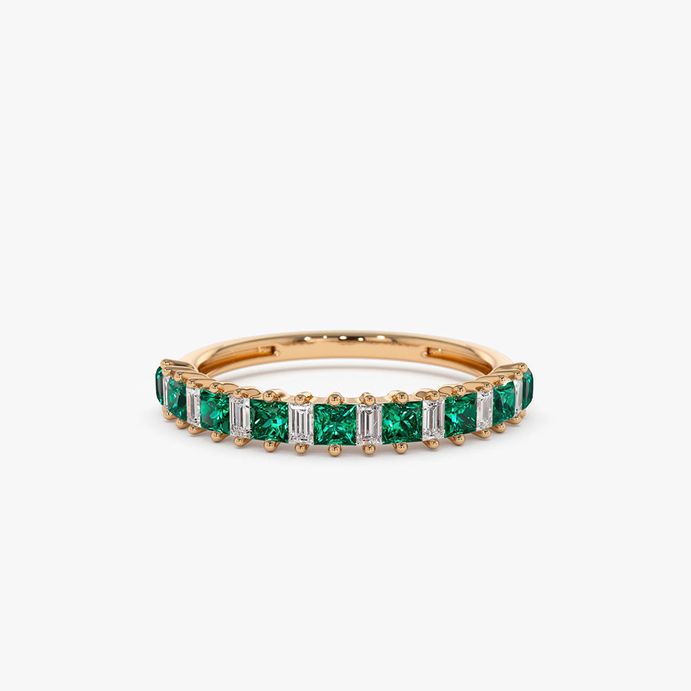 14k Unique Princess Cut Emerald and Baguette Diamond Ring - GeumJewels