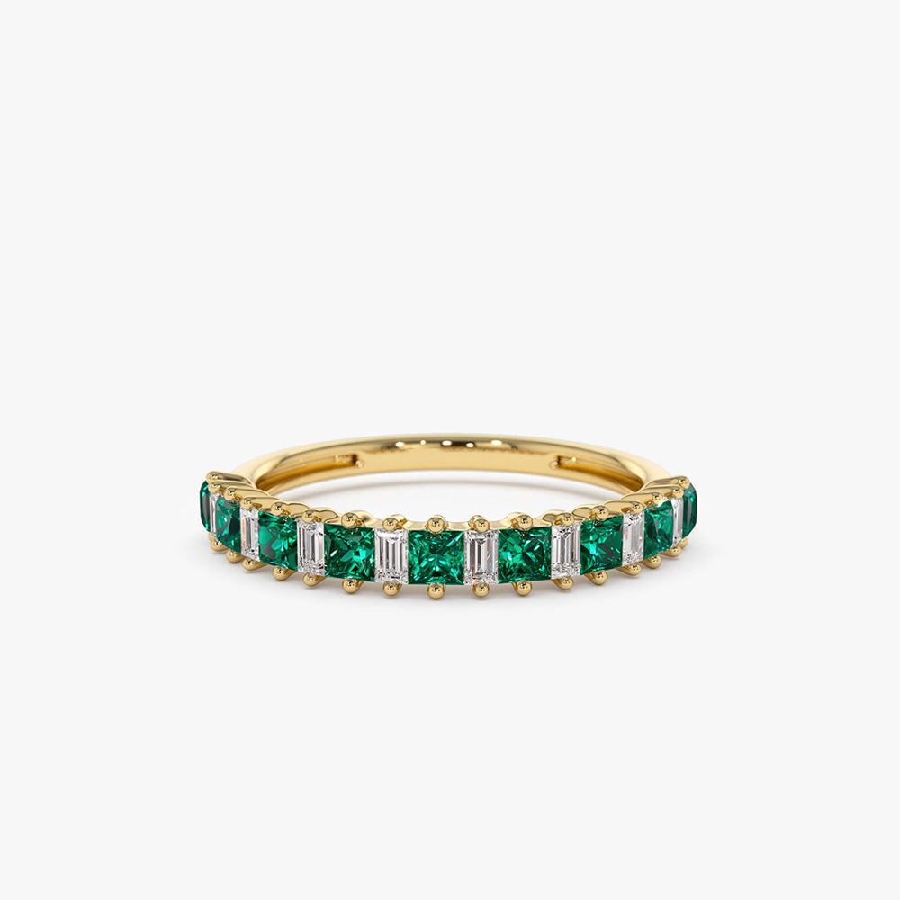 14k Unique Princess Cut Emerald and Baguette Diamond Ring - GeumJewels