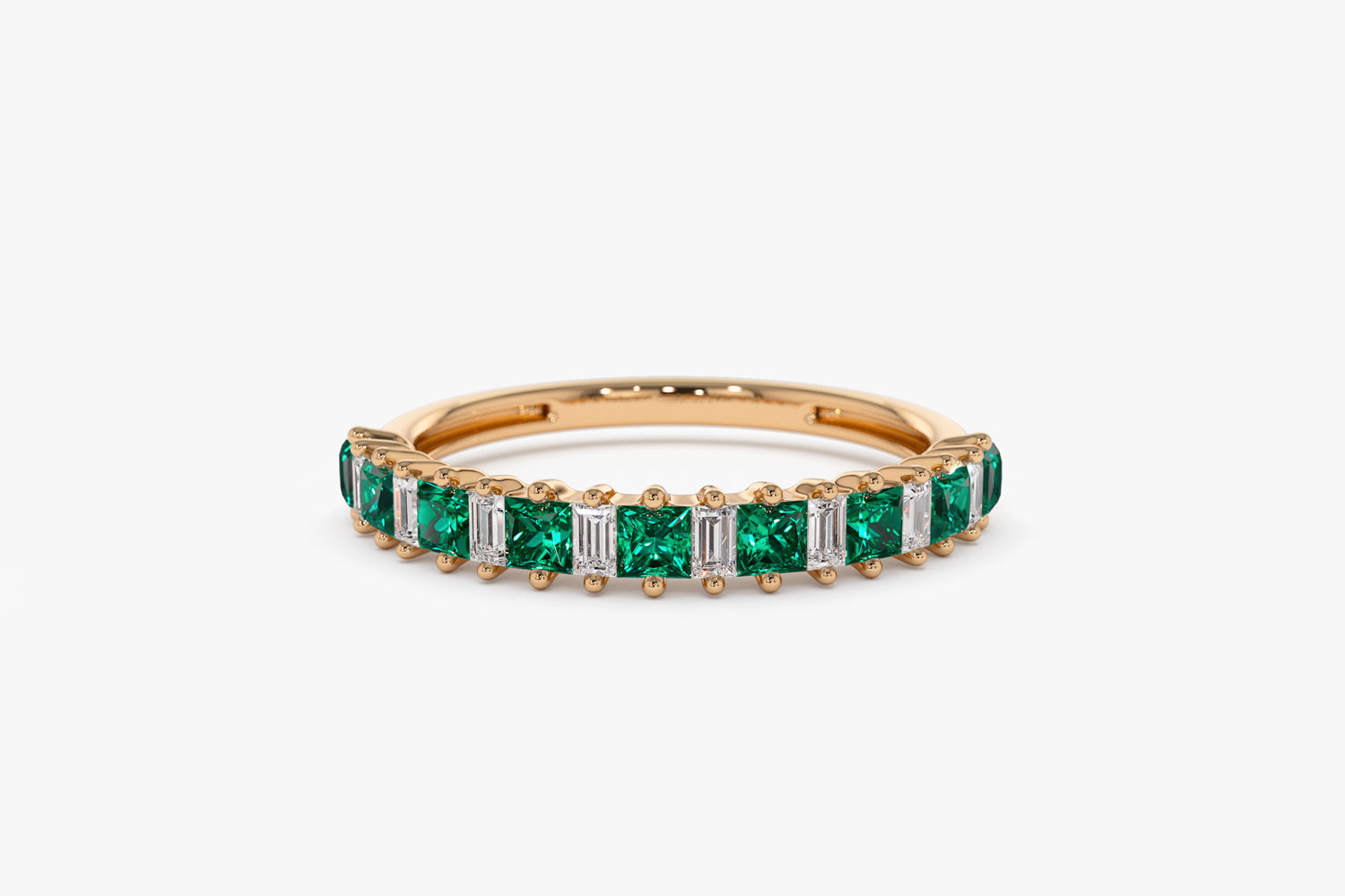 14k Unique Princess Cut Emerald and Baguette Diamond Ring - GeumJewels