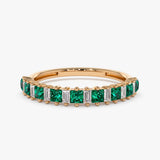 14k Unique Princess Cut Emerald and Baguette Diamond Ring - GeumJewels