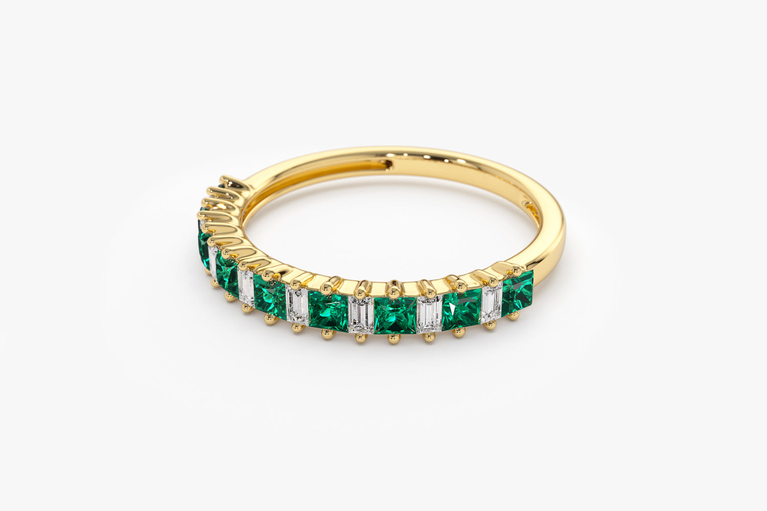14k Unique Princess Cut Emerald and Baguette Diamond Ring - GeumJewels