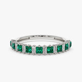 14k Unique Princess Cut Emerald and Baguette Diamond Ring - GeumJewels