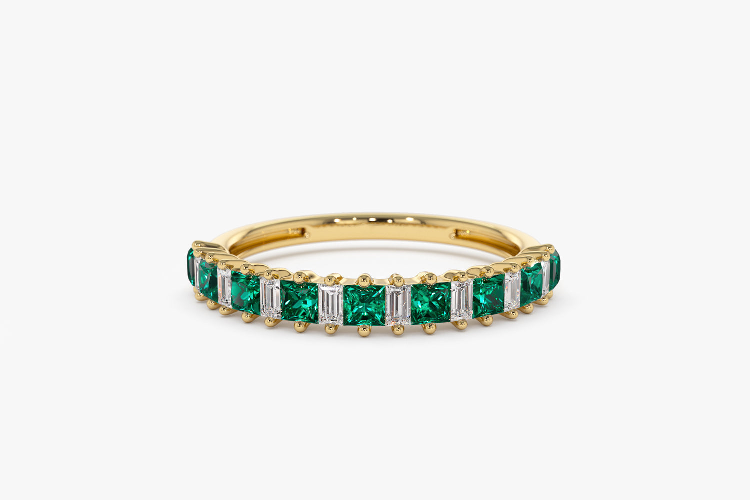 14k Unique Princess Cut Emerald and Baguette Diamond Ring - GeumJewels
