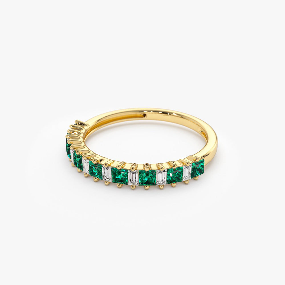 14k Unique Princess Cut Emerald and Baguette Diamond Ring - GeumJewels