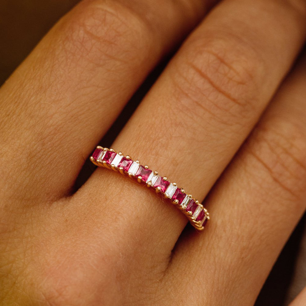 14k Unique Princess Cut Ruby and Baguette Diamond Ring - GeumJewels