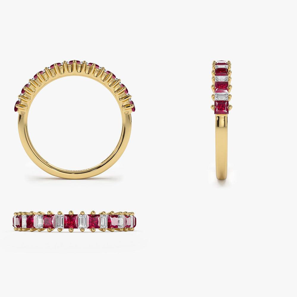 14k Unique Princess Cut Ruby and Baguette Diamond Ring - GeumJewels