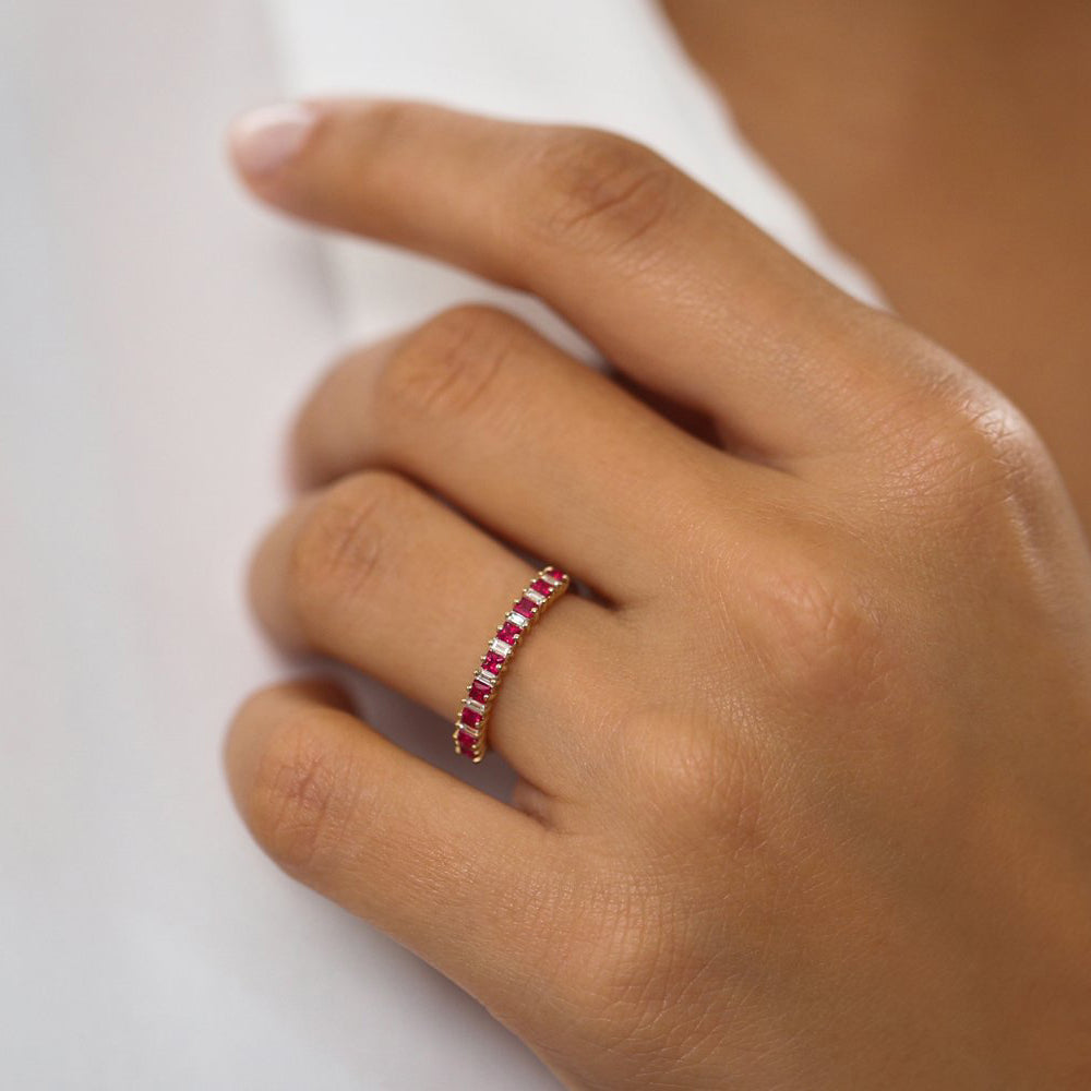 14k Unique Princess Cut Ruby and Baguette Diamond Ring - GeumJewels