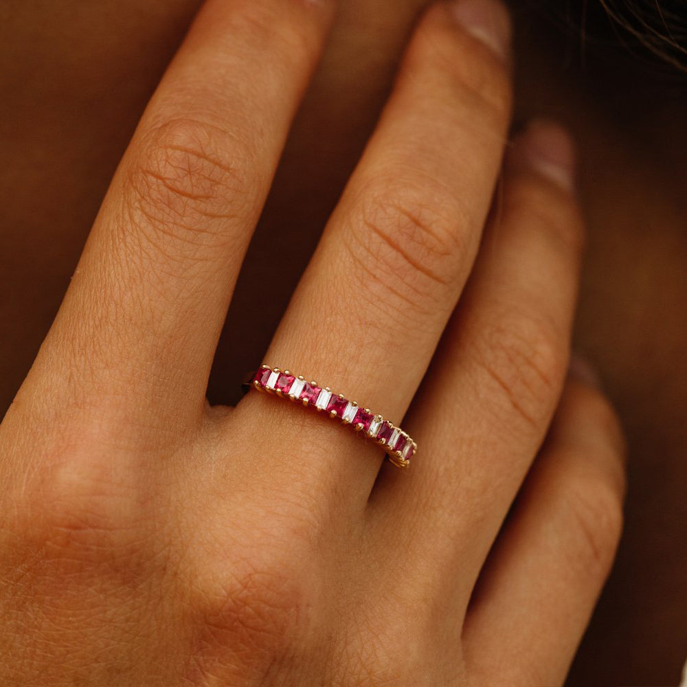 14k Unique Princess Cut Ruby and Baguette Diamond Ring - GeumJewels