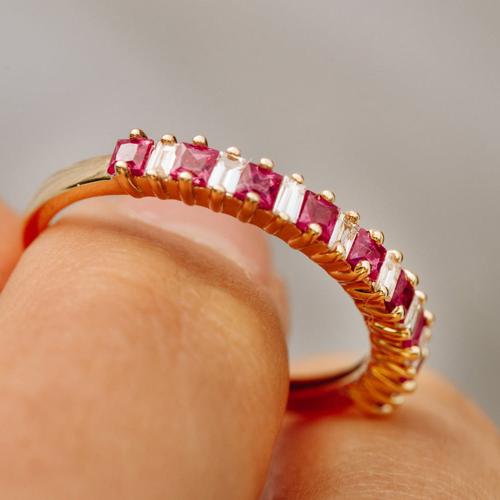14k Unique Princess Cut Ruby and Baguette Diamond Ring - GeumJewels