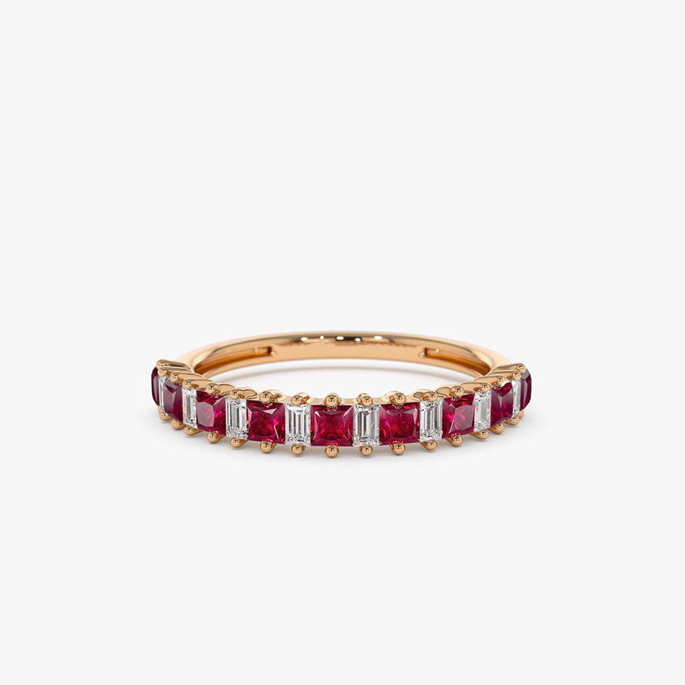 14k Unique Princess Cut Ruby and Baguette Diamond Ring - GeumJewels