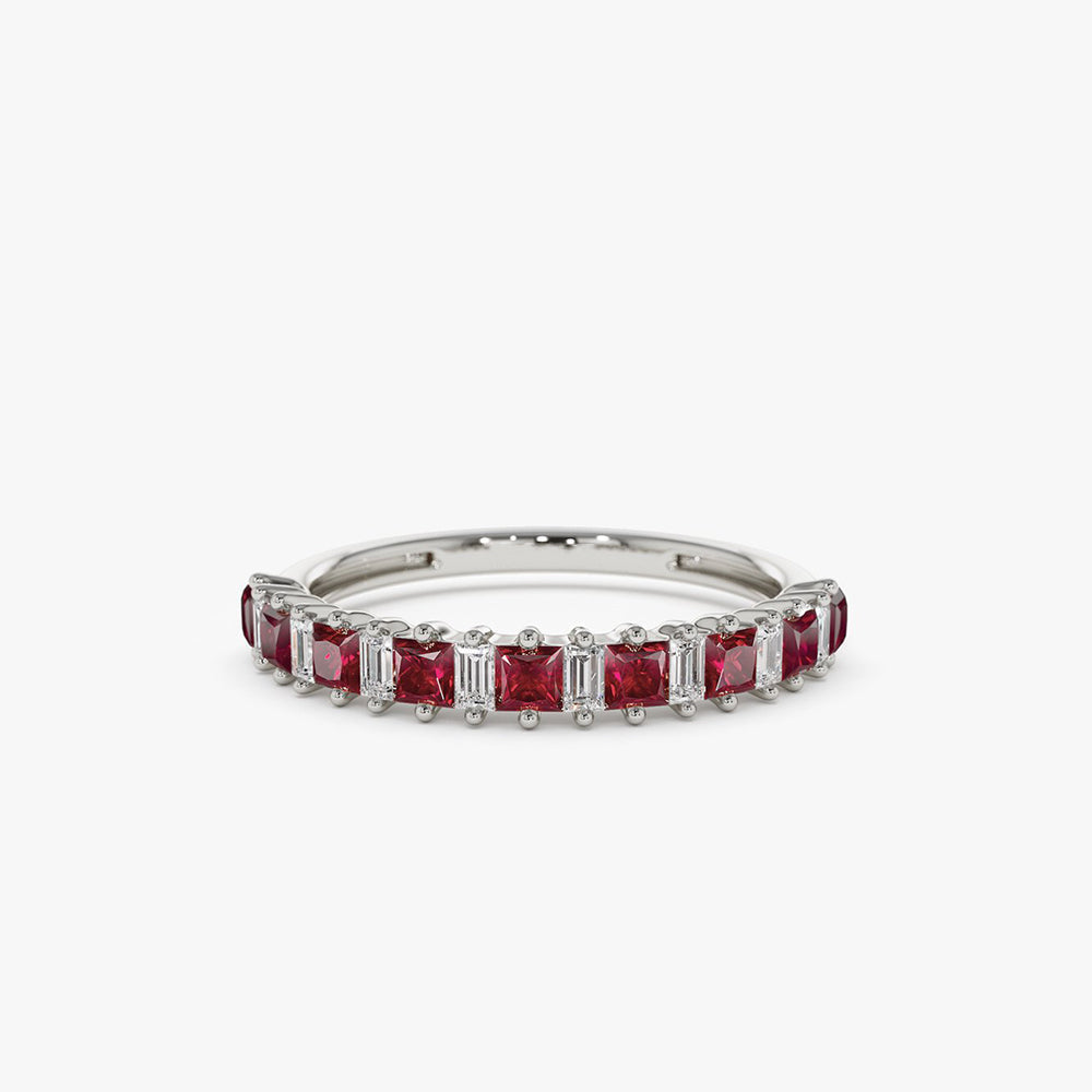 14k Unique Princess Cut Ruby and Baguette Diamond Ring - GeumJewels