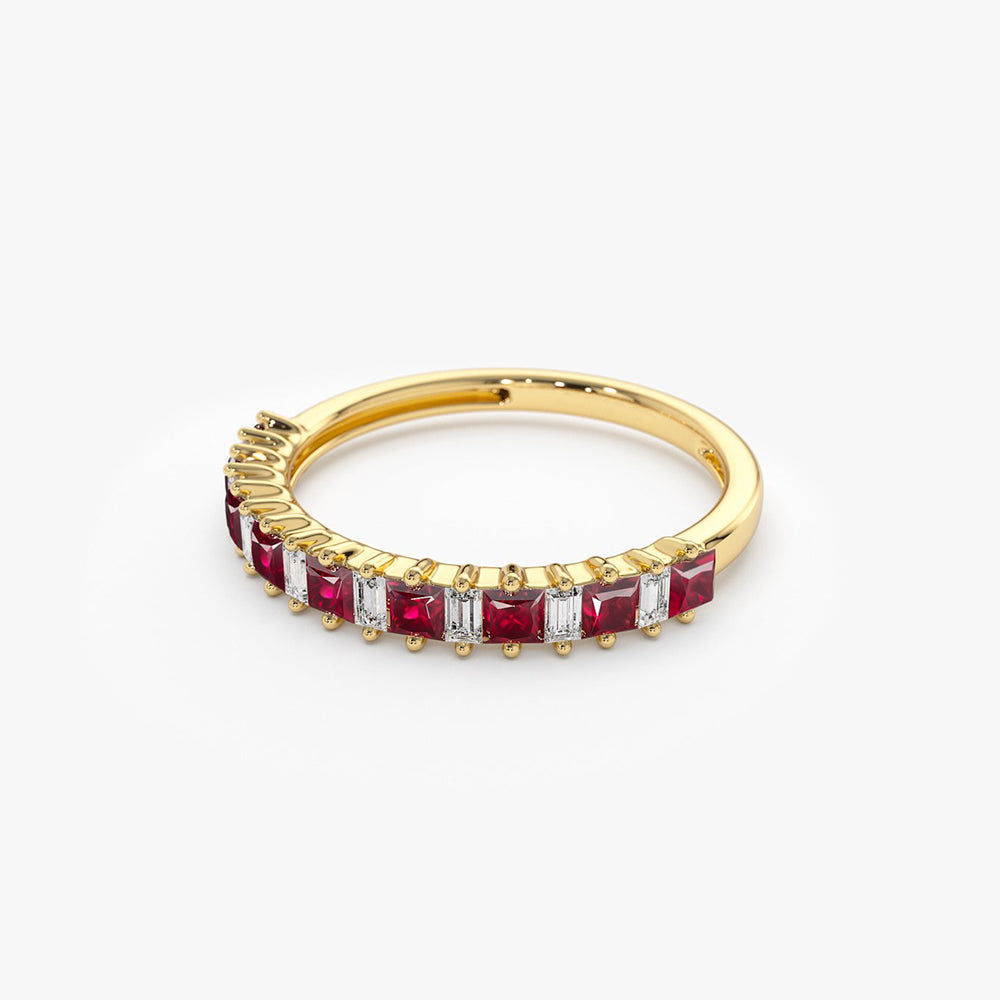 14k Unique Princess Cut Ruby and Baguette Diamond Ring - GeumJewels