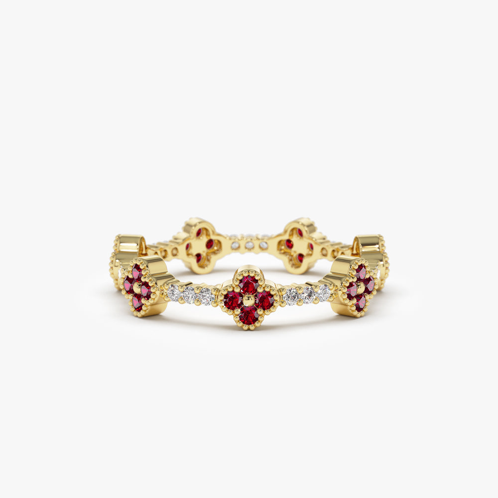 Full Eternity Clover Ruby and Diamond Ring in 14k Gold - GeumJewels