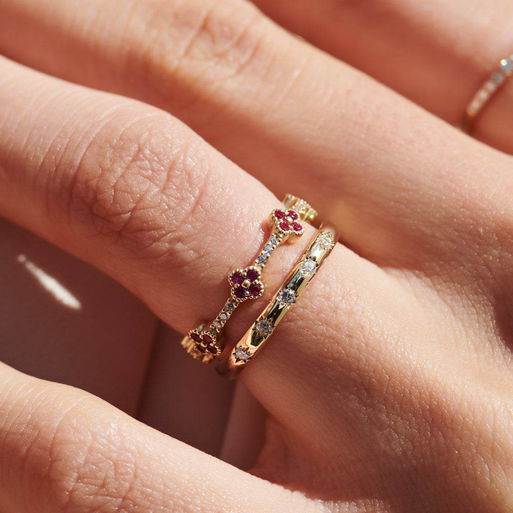 Full Eternity Clover Ruby and Diamond Ring in 14k Gold - GeumJewels