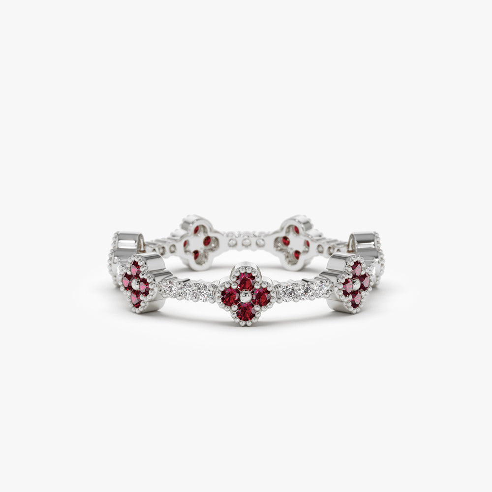 Full Eternity Clover Ruby and Diamond Ring in 14k Gold - GeumJewels