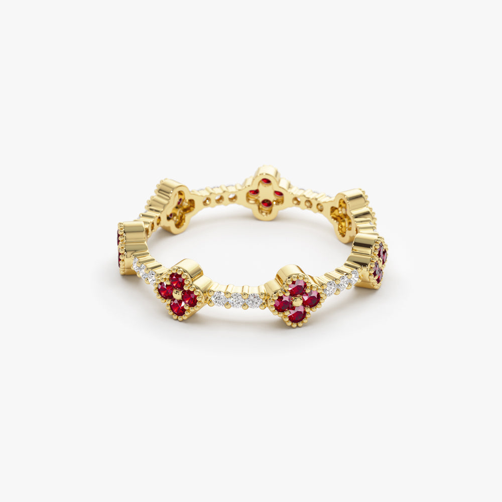 Full Eternity Clover Ruby and Diamond Ring in 14k Gold - GeumJewels