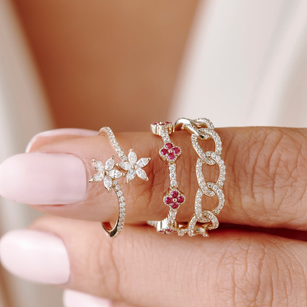 Full Eternity Clover Ruby and Diamond Ring in 14k Gold - GeumJewels