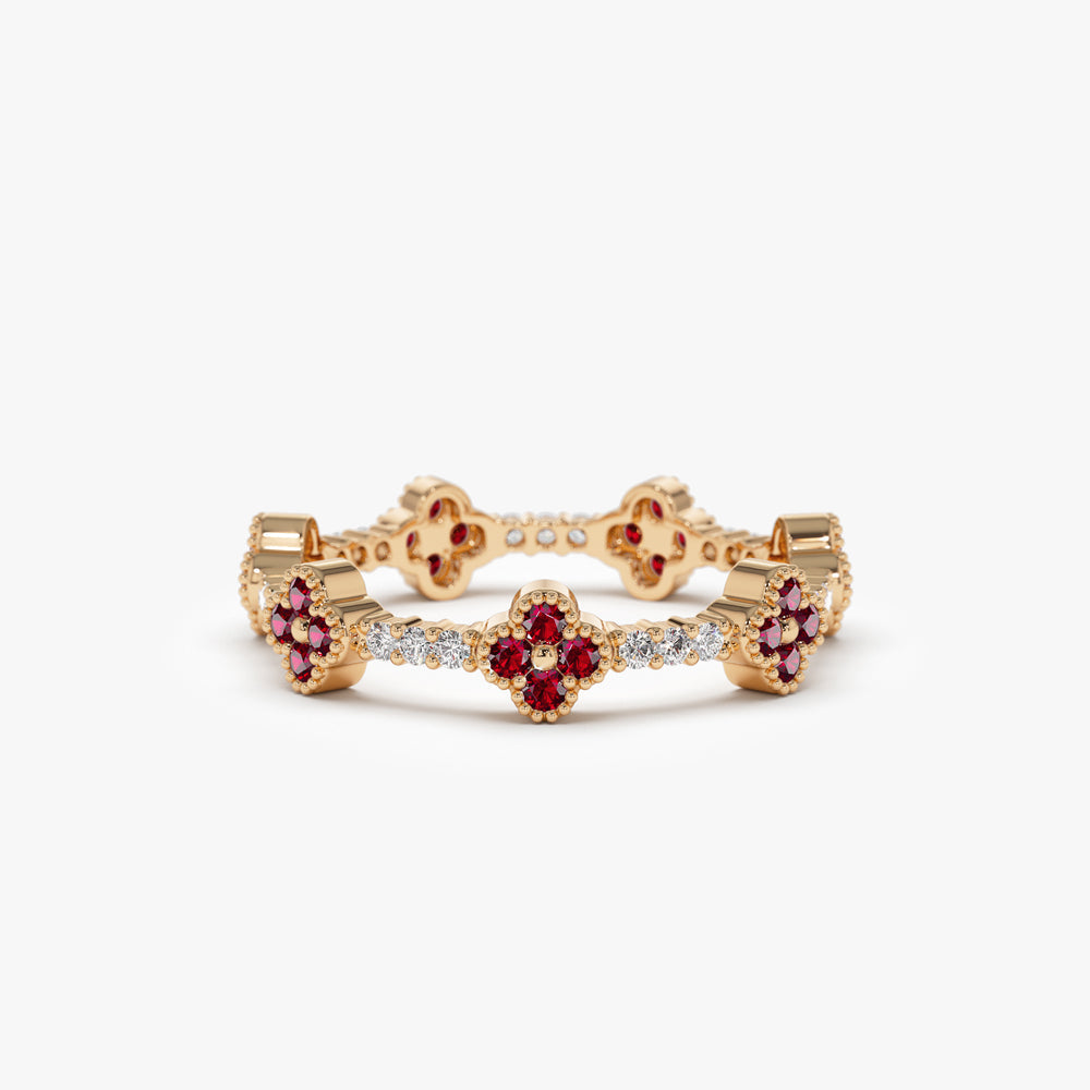 Full Eternity Clover Ruby and Diamond Ring in 14k Gold - GeumJewels
