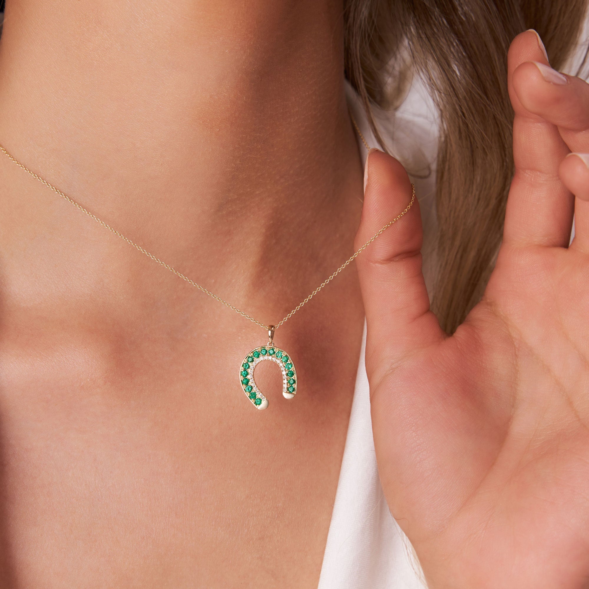 14k Emerald and Diamond Horseshoe Pendant - GeumJewels