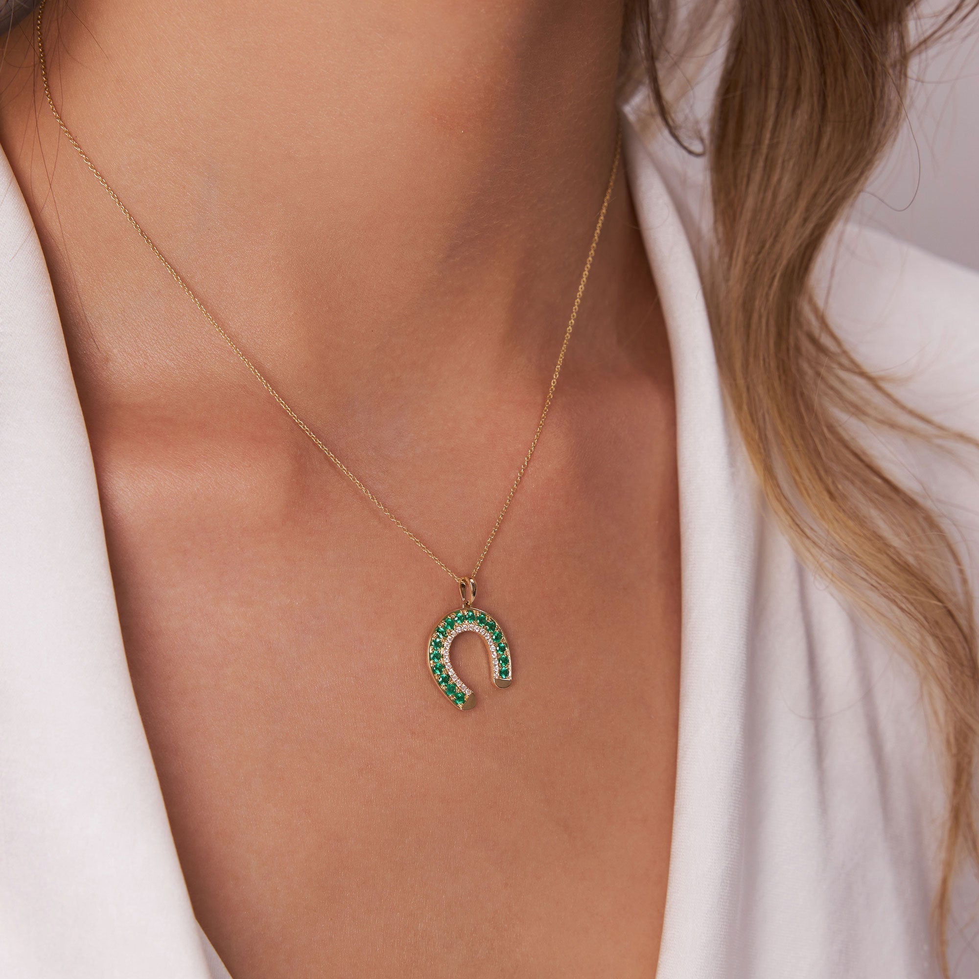 14k Emerald and Diamond Horseshoe Pendant - GeumJewels