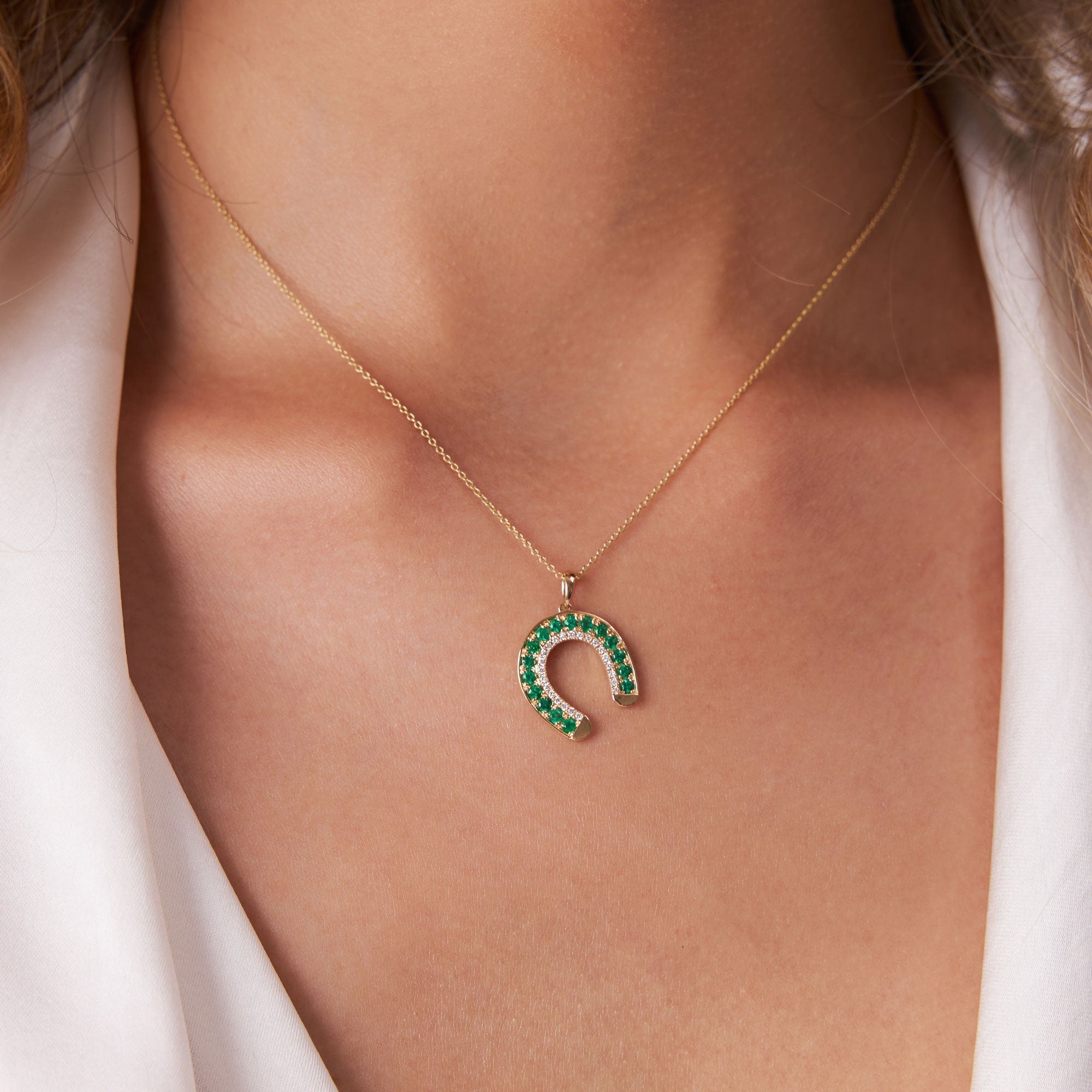 14k Emerald and Diamond Horseshoe Pendant - GeumJewels